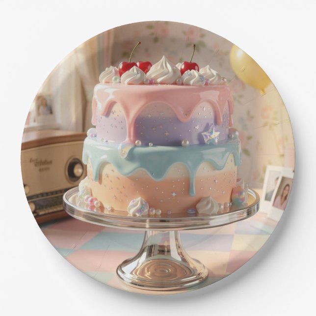 Prato De Papel Bolo de Aniversário de Vidro Pastel com Cerejas (Frente)
