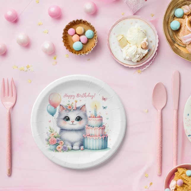 Prato De Papel Bolo de Aniversário do Gato de Pastel Grito - Aniv (Criador carregado)