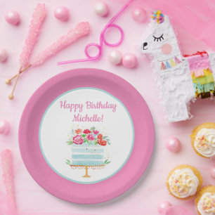 Prato De Papel Bolo de Aniversário Floral Aquarela Feliz Aniversá