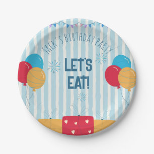 Prato De Papel Bolo de Aniversário Infantil Balão Listrado Azul 