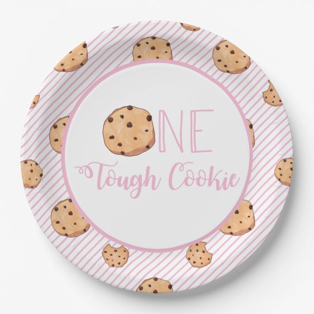 Prato De Papel Bolo de aniversário One Tough Cookie com listras r (Frente)