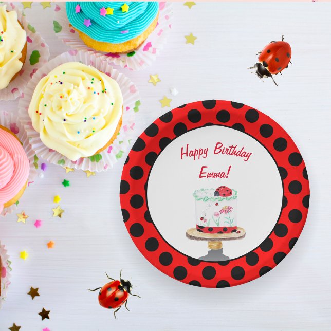 Prato De Papel Bolo de Aniversário Personalizado de Joaninha em A (Criador carregado)