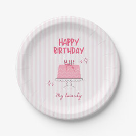 Prato De Papel Bolo de Aniversário Rosa Fofo "Feliz Aniversário M