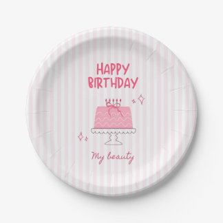 Prato De Papel Bolo de Aniversário Rosa Fofo "Feliz Aniversário M