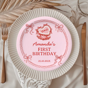 Prato De Papel Bolo de Arco Vermelho e Rosa Aniversário de Menina