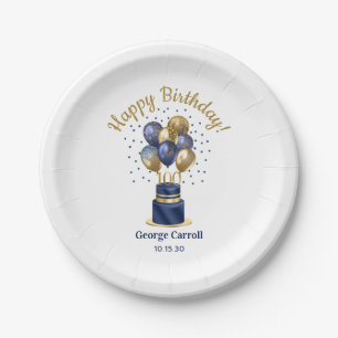 Prato De Papel Bolo de Balão Azul Marinho de 100 Anos de Idade