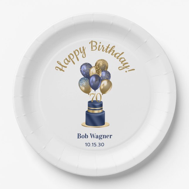 Prato De Papel Bolo de Balão Azul Marinho de 70 Anos de Idade (Frente)
