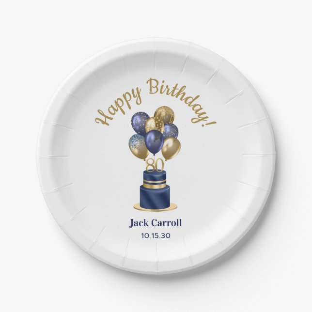 Prato De Papel Bolo de Balão Azul Marinho de 80 Anos de Idade (Frente)