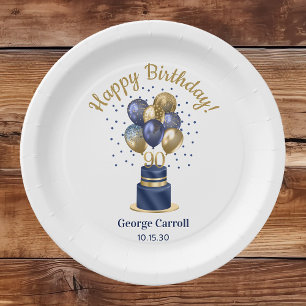 Prato De Papel Bolo de Balão Azul Marinho de Aniversário de 90 An