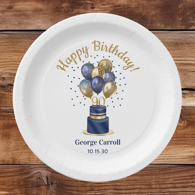 Prato De Papel Bolo de Balão Azul Marinho de Aniversário de 90 An (Criador carregado)