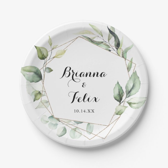 Prato De Papel Bolo de Casamento Geométrico Elegante Dourado (Frente)