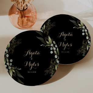 Prato De Papel Bolo de Casamento Verde Oliva Eucalipto Dourado