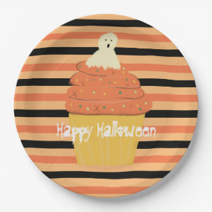 Prato De Papel Bolo de Cupcake Fantasma Bonito Halloween Laranja 