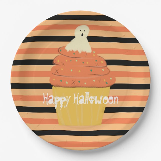 Prato De Papel Bolo de Cupcake Fantasma Bonito Halloween Laranja  (Frente)