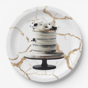 Prato De Papel Bolo de Noiva Floral Preto e Branco Dourado em Cam