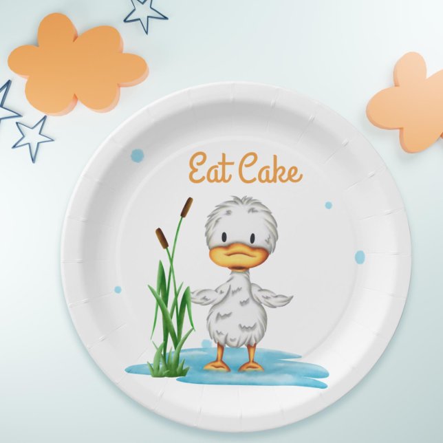 Prato De Papel Bolo pequeno chá de fraldas neutro de patinação (Simple duck party paper plate for baby showers or birthdays)