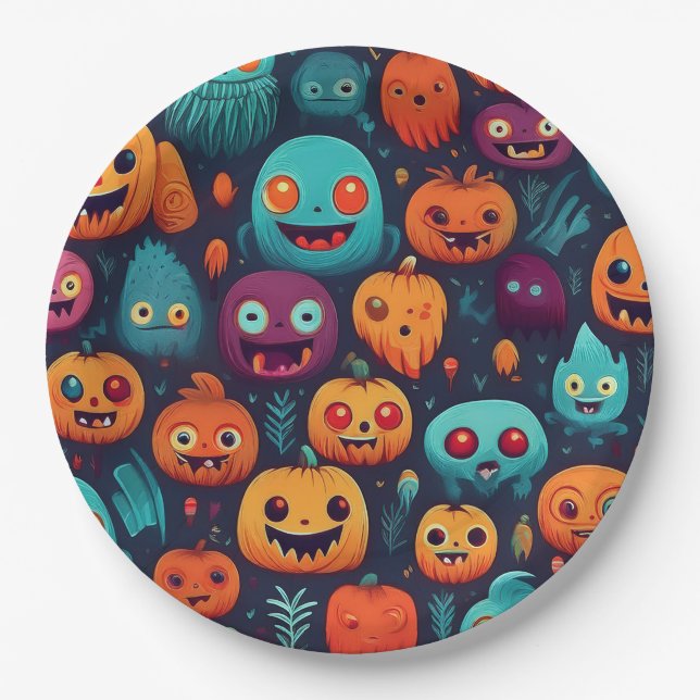 Prato De Papel Bombas e monstros de Halloween (Frente)