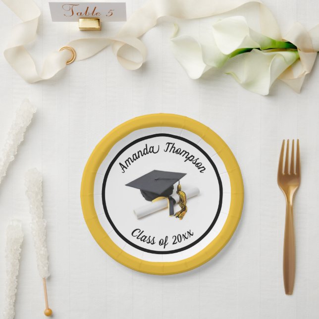 Prato De Papel Boné de formatura Amarelo Dourado Preto e Tassel (Casamento)