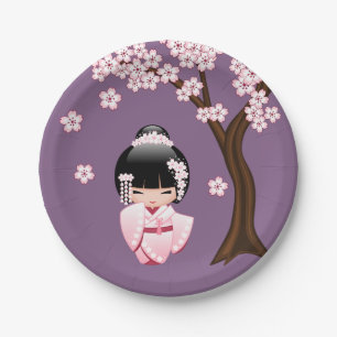 Prato De Papel Boneca branca de Kokeshi do quimono - menina de