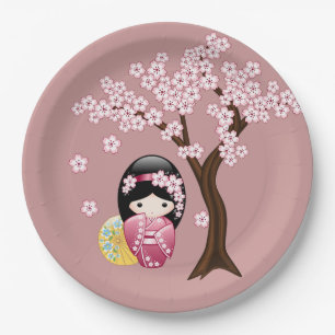 Prato De Papel Boneca de primavera Kokeshi - Garota Geisha Bonita