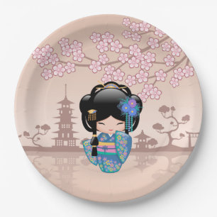 Prato De Papel Boneca Keiko Kokeshi - Rapariga Kimono Geisha Azul