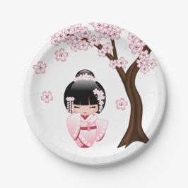 Prato De Papel Boneca Kokeshi Quimono Rosa