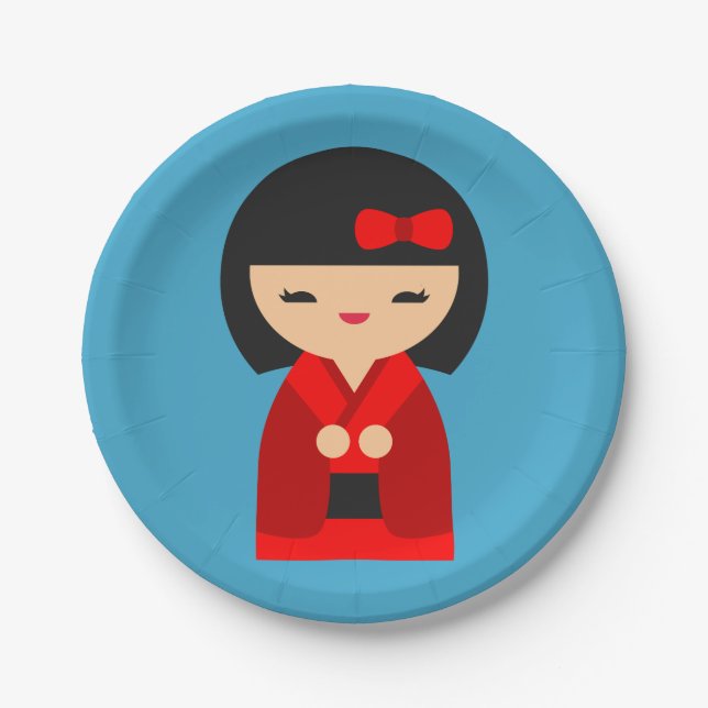 Prato De Papel Bonecas japonesas de laranja-branca Kokeshi (Frente)