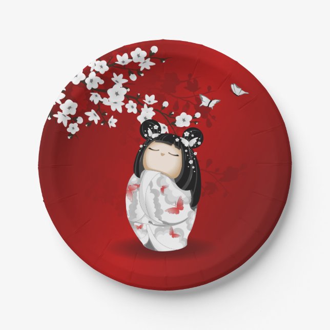 Prato De Papel Bonecas Kokeshi Red Black White Cherry Blossoms (Frente)