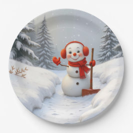 Prato De Papel Boneco de Neve Amigável com uma Pá Vermelha
