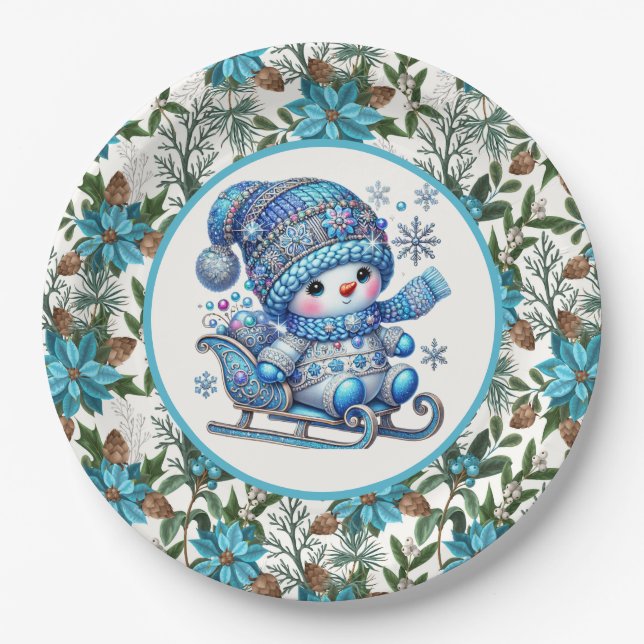 Prato De Papel Boneco de Neve Azul (Frente)