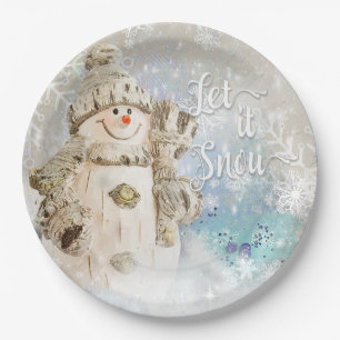 Prato De Papel Boneco de neve bonito do Natal com flocos de neve
