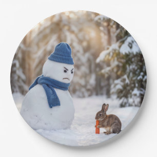 Prato De Papel Boneco de Neve com Rosto Feio para um Coelho