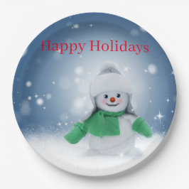 Prato De Papel Boneco de neve com um cachecol verde