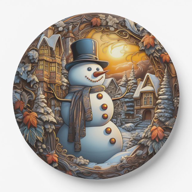 Prato De Papel Boneco de Neve de Natal Feriado (Frente)