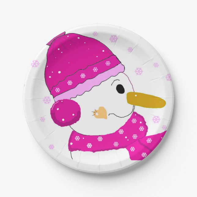 Prato De Papel Boneco de Neve Rosa (Frente)