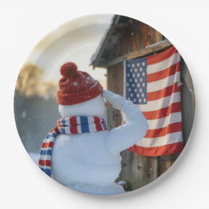 Prato De Papel Boneco de Neve Saudando uma Bandeira Americana