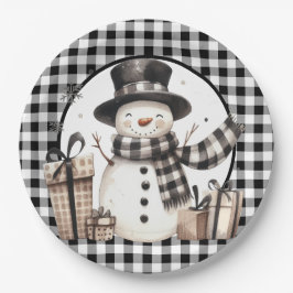 Prato De Papel Boneco de Neve Xadrez Buffalo Preto
