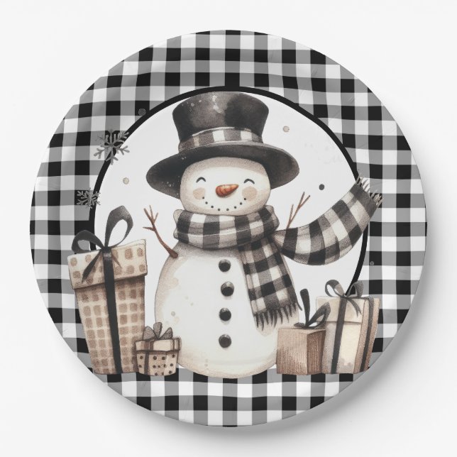 Prato De Papel Boneco de Neve Xadrez Buffalo Preto (Frente)