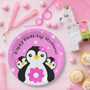 Prato De Papel Bonita Feliz Aniversário Rapariga Pinguins Flores