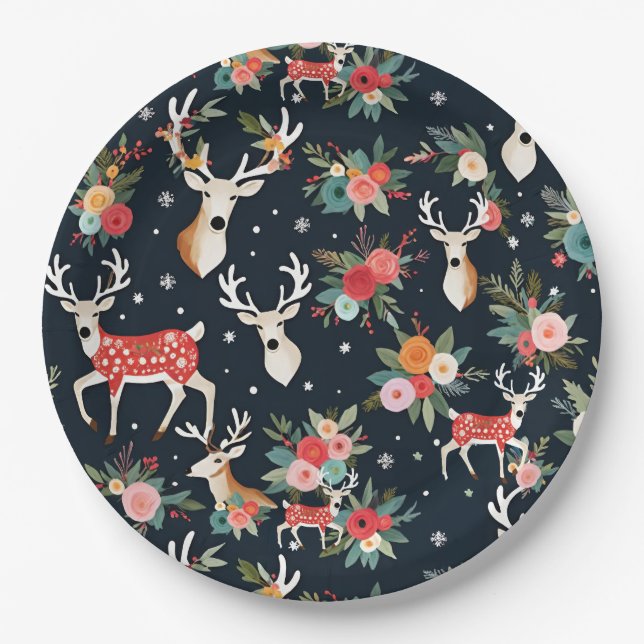 Prato De Papel Bonita Reindeer Floral de Natal (Frente)