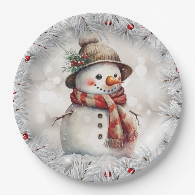 Prato De Papel Bonito boneco de neve de Natal (Frente)