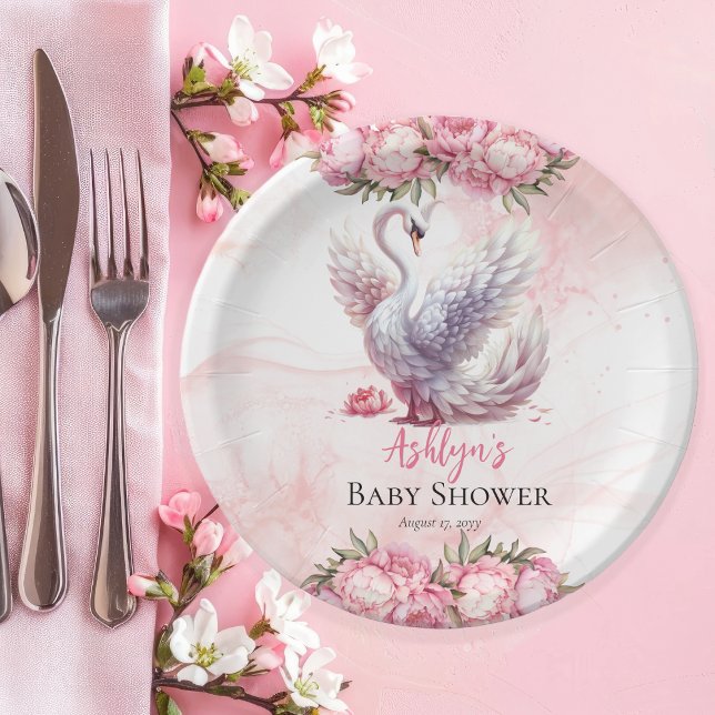 Prato De Papel Bonito Chá de fraldas De Rapariga Floral Rosa-Rosa (Beautiful Swan Pink Floral Peonies Girl Baby Shower Paper Plates)