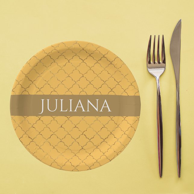 Prato De Papel Bonito Daffodil Dourado Quatrefoil Personalizado (Criador carregado)