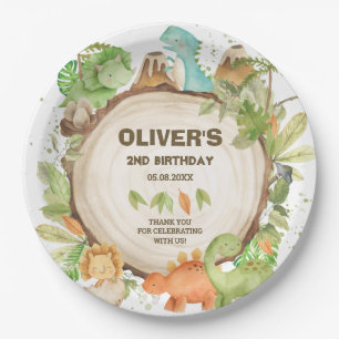 Prato De Papel Bonito Dinossauro Garoto Aniversário Verde Folhag
