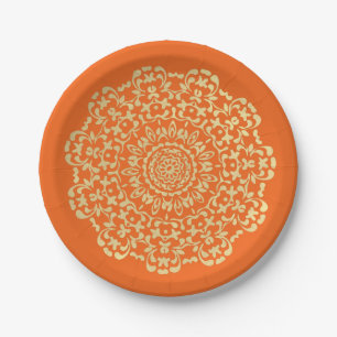 Prato De Papel Bonito Elegante Dourado Laranja Legado Padrão