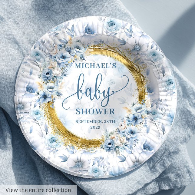 Prato De Papel Bonito pastel azul-aquarela flores chá de ouro (Pretty pastel blue watercolor flowers gold shower Paper Plates )