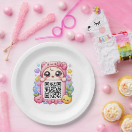 Prato De Papel Bonito Personagem de Código QR Rosa Kawaii Floral