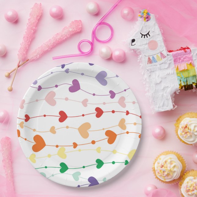 Prato De Papel Bonito Rainbow Hearts Pattern Kids (Festa)