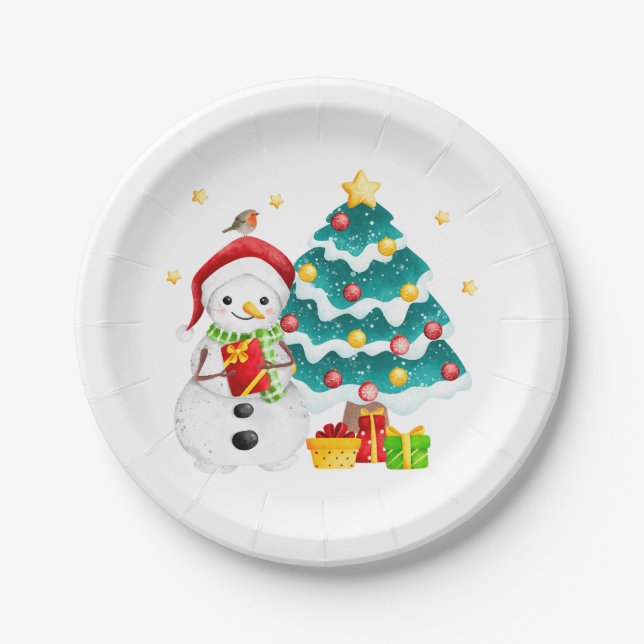 Prato De Papel Bonito Snowman e Árvore de Natal (Frente)