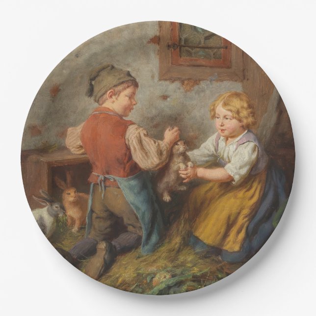 Prato De Papel Bons Amigos (Jovens Brincando Com Coelho De Pet) (Frente)